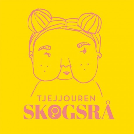 Tjejjouren Skogsrås logotype. Gul bakgrund med en tjejer på, hon har håret uppsatt i bollar på huvudet och stora kinder. Det står "Tjejjouren Skogsrå" med rosa text.