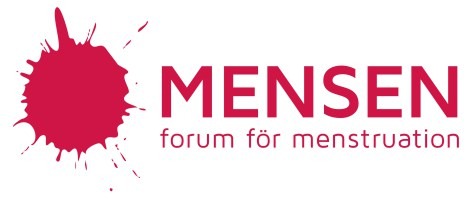 Vit bakgrund, en rosaröd fläck och texten "MENSEN forum för menstruation"